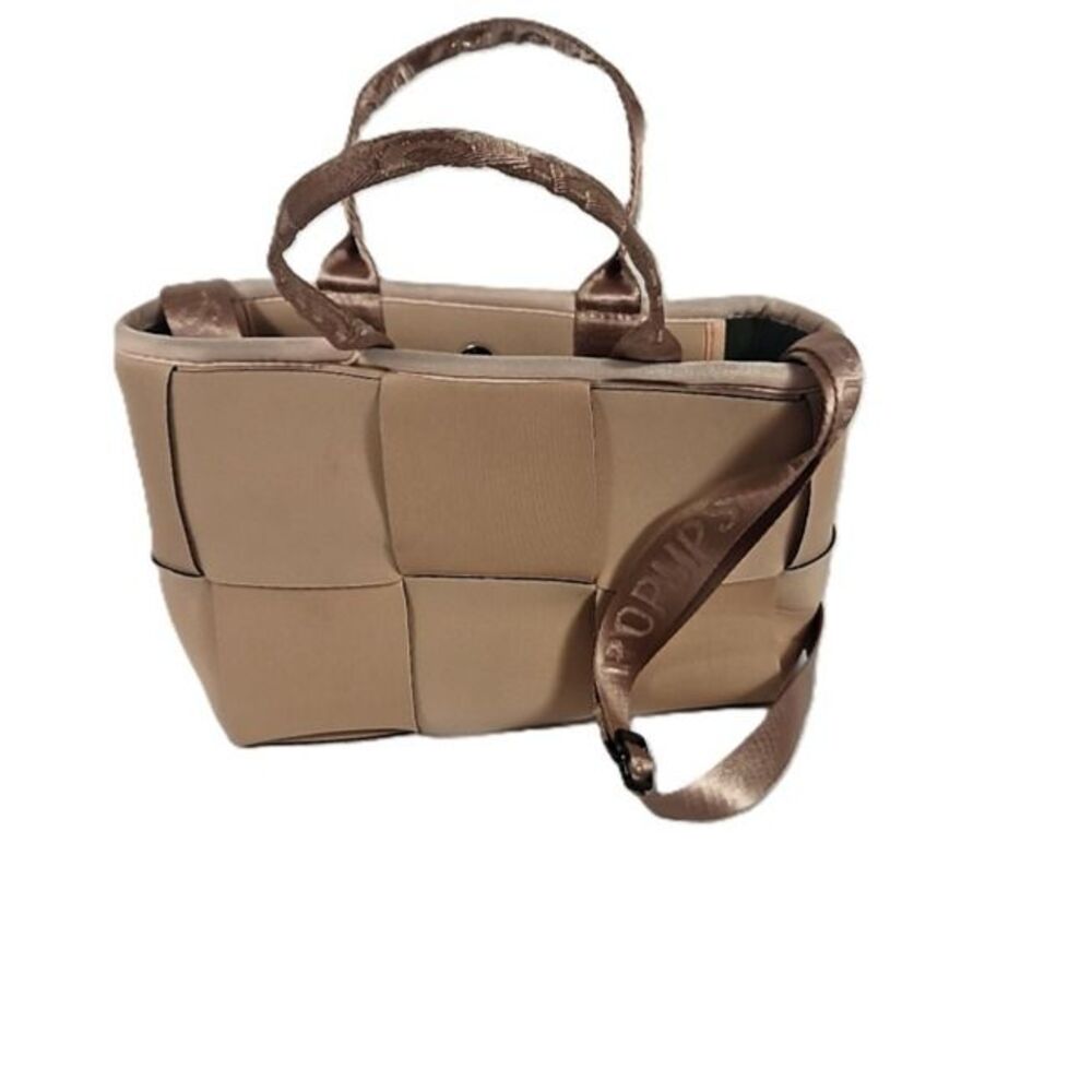 Popups Brand Tan Woven Neoprene Mini Tote Bag Logo Strap
